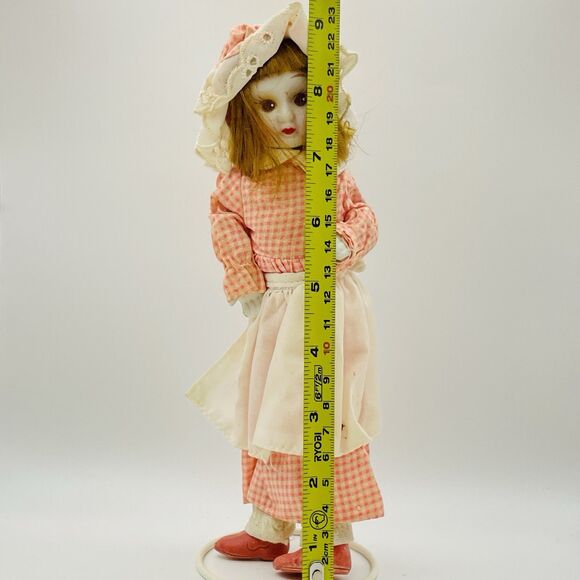 Vintage 9" Porcelain Doll Bendable Limbs Checkered Dress With Matching Bonnet - Picture 5 of 8